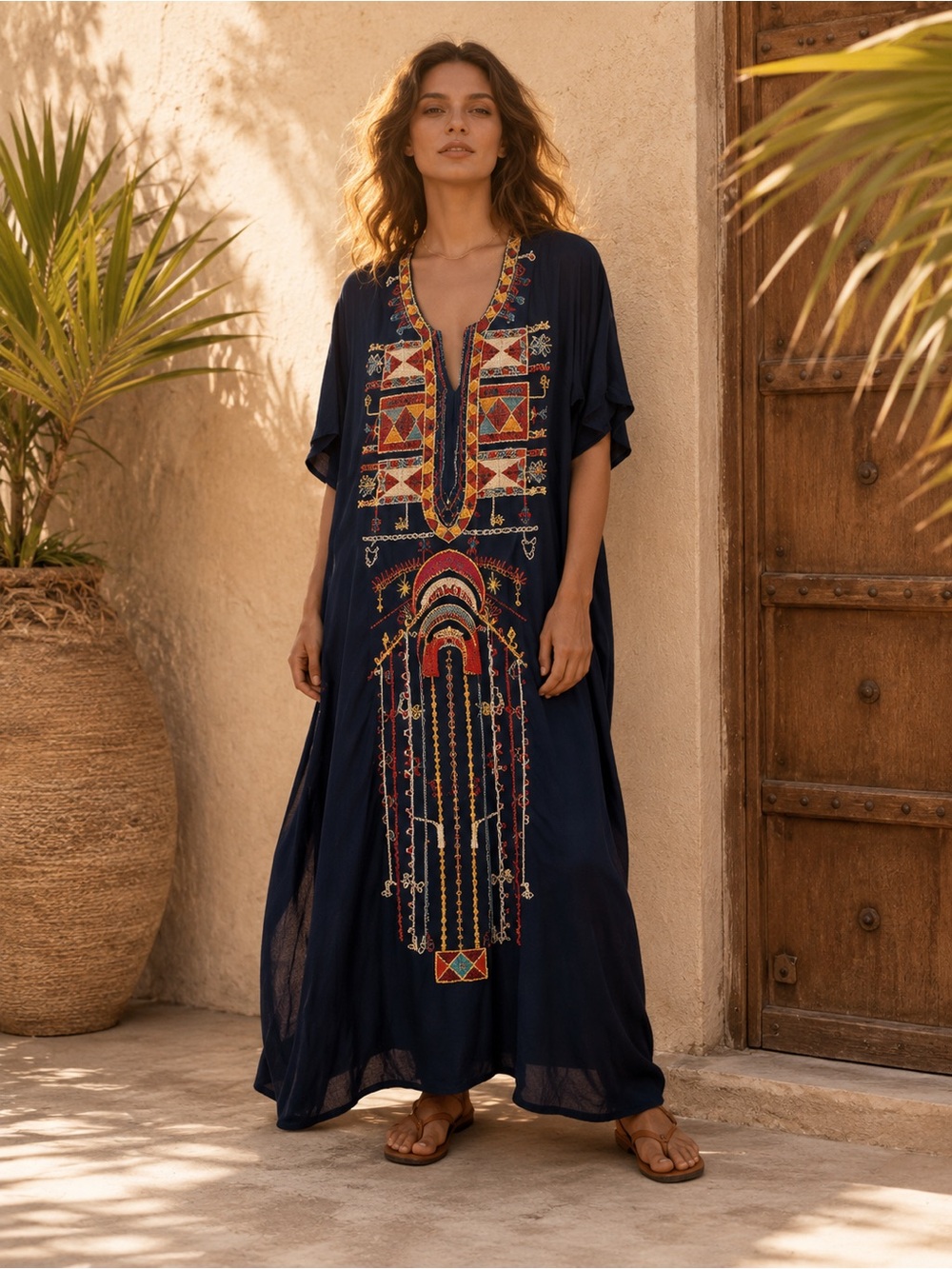 Boutique Boho Embroidered Kaftan Maxi Dress Navy Tribal  Tunic OS no tags